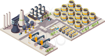 Oil factory. Gas industrial building tanks equipment chemical refineries plants vector isometric illustration. Oil factory building, plant industrial manufacturing