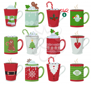 Christmas mug. Holiday decoration at vessel for hot drinks coffee latte or tea cup vector cartoon illustrations. Cup coffee and mug with hot chocolate