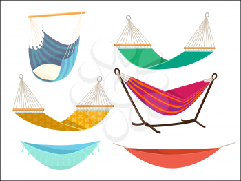 Hammock set. Comfort lifestyle outdoor bed rest place from fabric vector cartoon collection. Hammock swing relax, relaxation comfortable illustration