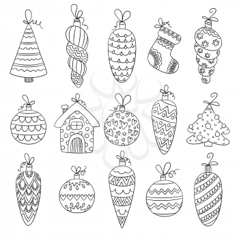Christmas balls. Decorative winter season toys stars snowflakes balls vector funny sketch pictures. Illustration christmas glass toy cone, bauble drawing