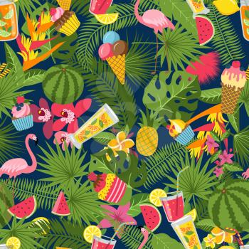 Vector flat cute summer elements, cocktails, flamingo, palm leaves illustration. Seamless pattern summer elements palm, flamingo and cocktail