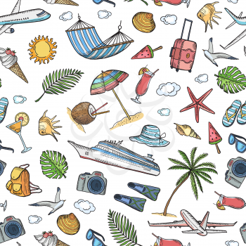 Vector hand drawn summer travel elements background or pattern illustration. Summer pattern seamless, travel and holiday drawing
