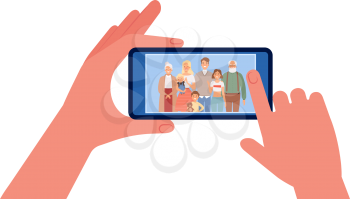 Family photo. Hands holding smartphone with people image. Selfie vector illustration. Family selfie, smile mother father, photograph photographing picture