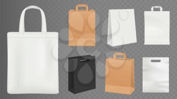 Paper bags. Realistic craft shopping bag, white and black packs vector illustration. Realistic package, pack paper bag collection