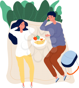 Couple on picnic. Outdoor activity, relaxing and spend time together. Dating on nature with food and drinks vector illustration. Picnic couple woman and man outdoor, happy recreation