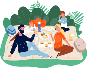 Happy family time. Parents and kids on picnic. Adults, children eating and talking. Cool weekend, bbq in park vector concept. Picnic park together, outdoor barbecue cartoon illustration
