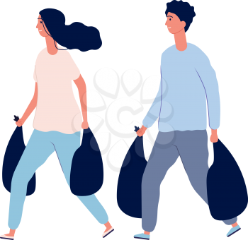 House cleaning. People with waste in bags. Organic garbage, sorting and utilization vector illustration. People with garbage, sorting waste and junk