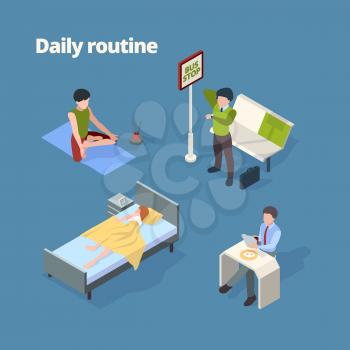 Daily routine. Day activities wake up breakfast shower work watching tv sleep vector isometric persons. Routine everyday daily, character life illustration