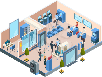 Bank interior isometric. Business financial offices with different banking workers managers and clients customers dialogue vector people. Business office, worker banking interior illustration