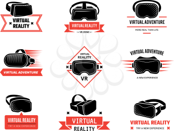 Vr helmet logo. Badges set for gamers future technology headset virtual reality entertainment vector emblems. Virtual helmet logo, vr reality video illustration
