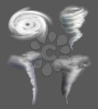 Tornado realistic. Nature whirpool twisted weather force air power whirlwind and thunderstorm vector cyclonic pictures. Disaster and wind, catastrophe weather funnel hurricane illustration