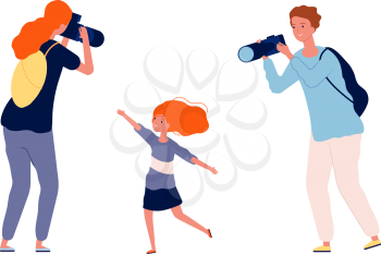 Parents and kid. Mother and father making photo their child. Happy family time, cute baby girl vector illustration. Mother and woman photo shoot kid, photography joyful