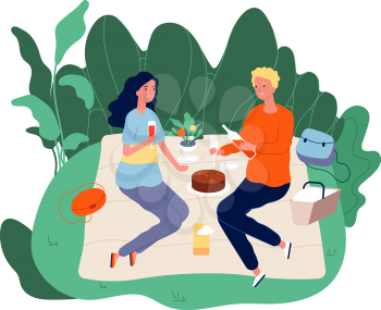 Picnic time. Girl boy drinking wine and eating on nature. Birthday cake and flowers, happy couple relaxing vector concept. Boy and girl on picnic summer, cartoon happy characters illustration