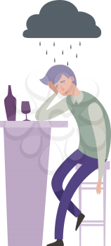 Alcohol addiction. Sad depressed man metaphor. Alone guy with drink in bar and grey rainy cloud vector illustration. Man with alcohol addiction, alcoholic problem