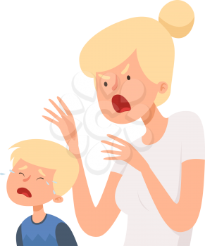 Angry woman. Baby boy crying, female screaming. Bullying, domestic violence and abusing. Isolated mother and son vector illustration. Bullying on son by mother, boy crying and exhausted