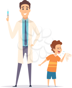 Baby coughs. Little boy and doctor. Flu virus protection, vaccination. Isolated pediatrician with syringe and ill child vector illustration. Prevention flu and virus, vaccine medical for health