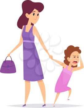 Bad behavior. Little girl crying, isolated mother and daughter. Cartoon puzzled woman and child. Sad female vector illustration. Behavior girl unhappy, conflict mother and daughter