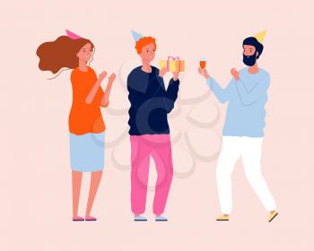 Birthday gift. Family party, fun people with drink and present. Happy man, festive time with friends vector illustration. Happiness present to birthday, congratulation and surprise