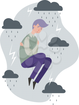 Depression metaphor. Sad man, grey clouds with lightnings and rain. Flat mental disorder vector concept. Man depression, stress and despair, unhappy sadness, depressed emotion illustration