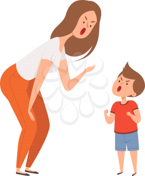Family abuse. Woman son scream together. Family argue or quarrel. Isolated cartoon angry mother and boy vector characters. Son and mother, woman parent angry and quarrel illustration