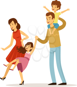 Family playing. Happy children father and mother. Smiling kids, girl and baby boy. Isolated young parents, son and daughter vector illustration. People mom hold daughters hand, parents and little boy