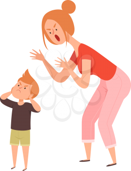 Family quarrel. Domestic abuse, woman scream on boy. Isolated sad toddler and angry mother vector illustration. Mother shouting and scream to son toddler