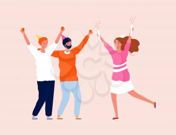 Festive friends. Woman man party time. Happy adult people with drinks and confetti. Teenagers celebrating, boys and girl vector. Congratulation and surprise friend, celebrating birthday illustration