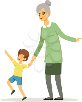 Grandmother and grandson. Happy family walking, baby boy and elderly woman. Smiling child with woman vector characters. Illustration grandson and grandmother, kid and grandma