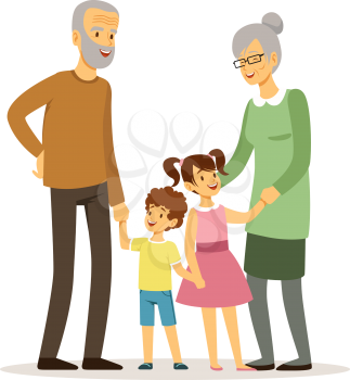 Happy grandparents. Smiling elderly woman man with children. Family time, isolated cartoon old people and young kids, vector illustration. Family elderly grandmother grandfather and grandchildren