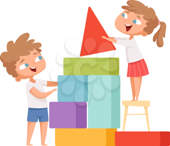Kids playing. Happy children build colorful cubes home. Isolated cartoon babies with toys vector illustration. Happy kids put cube, build pyramid