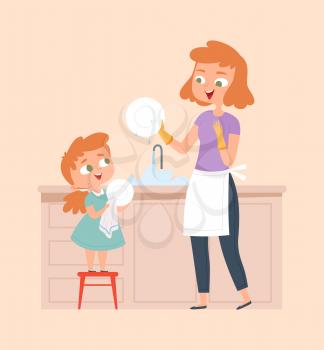 Mother and daughter washing dish. Homework, family cleaning house. Cute baby girl and smiling woman vector illustration. Mother and daughter at kitchen wash dish
