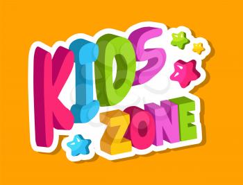 Playroom logo. Kids zone 3d lettering, banner for baby playing area with colorful letters and stars vector illustration. Preschool kindergarten room, banner signboard