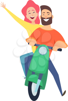 Scooter ride. Happy woman man riders. Cute cartoon couple on date. Male female drivers vector illustration. Ride scooter woman and man, bike transport