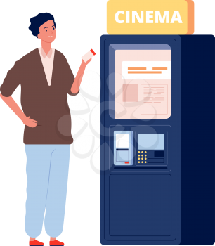 Ticket vending machine. Man buy card, cinema time. Flat movie theater visitor vector illustration. Ticket machine cinema, buy to movie entertainment