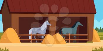Stable for horse. Care for domestic animal strong horses eating equestrian equipment concept vector cartoon background. Barn with horse illustration, farm animal