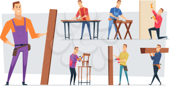 Carpentry job. Handyman character or craftsman professional working making wooden building roof vector job cartoon concept background. Craftsman worker with equipment, handyman builder illustration