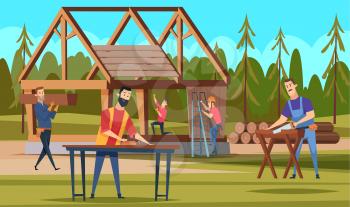 Wooden roof builders. Professional carpenters team making building handyman craftsman working vector cartoon house background. Construction worker residential, development wooden house illustration