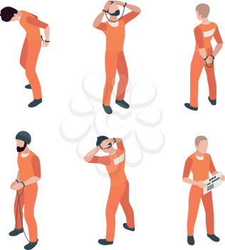 Prisoner characters. Jail guy bandit thief in specific costumes vector person in action poses. Prisoner character, criminal man in handcuff illustration