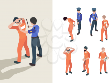 Police and prisoners. Isometric federal jail characters low justice person inmate vector persons. Police and criminal, prison and justice 3d illustration