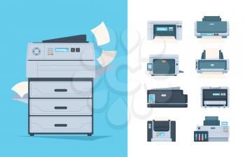 Copy machines. Different printers pc terminal of copying technics components fax printing house gadgets vector flat pictures. Photocopier and publishing photocopy, colorful ink-jet illustration