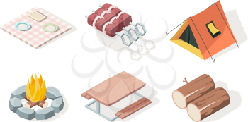 Picnic isometric. Bbq equipment fire camp fresh food and items for barbecue party vector illustrations. Picnic and barbecue, food and blanket