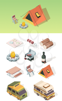 Barbecue isometric. Picnic table bbq steak camper van product party on nature fire and tent vector pictures set. Illustration isometric barbecue and picnic elements
