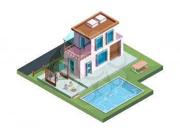 Outdoor patio. Wooden exterior terrace in garden with relax place luxury picnic barbecue cooking vector isometric kitchen. Wooden building on backyard with swimming pool illustration