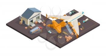 Cargo aircraft. Loading airplane packages and containers airport truck refueling vector isometric cargo transport. Container plane cargo, freight delivery aircraft illustration