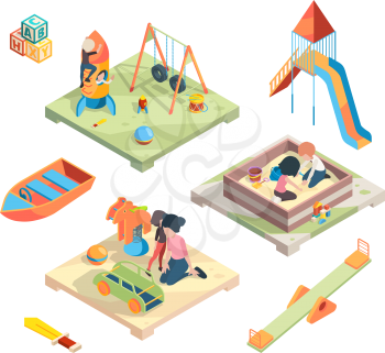 Playground isometric. Place for funny games kids preschool playing with babysitter in amusement park toys vector pictures. Preschool game, play with child on playground illustration