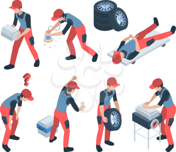 Auto service staff. People repairing engine wheels charging parts washing cars mechanic service workers vector isometric persons. Auto car staff, service mechanic transportation illustration