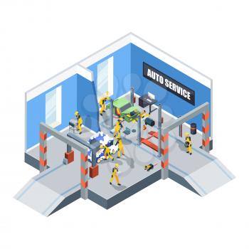 Car washing. Auto service repair and cleaning service mechanic workers in garage interior vector isometric cars and people. Illustration car wash service, garage workshop for automobile