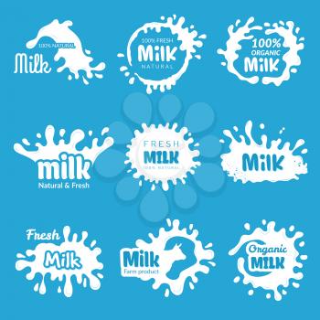 Milk logo. Cheese lecho or yoghurt splashes fresh farm dairy products badges design vector collection. Milk farm logo, fresh dairy product, label cream illustration