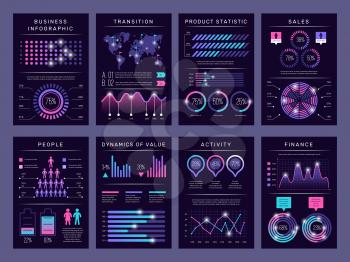 Infographic brochures. Modern abstract graph visualization different charts data booklets templates vector design set with infographic objects. Business graph and diagram, visualization illustration