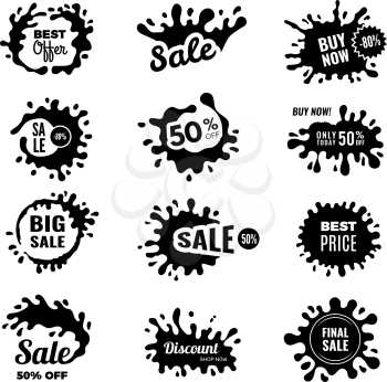 Black splashes. Sale promotional badges special offers advertising tags vector collection. Offer discount sticker, special sale promo illustration